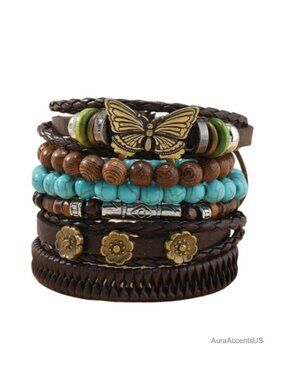 Boho Turquoise Beaded Leather Bracelets Multilayer Stackable Wrap Cuff Set
